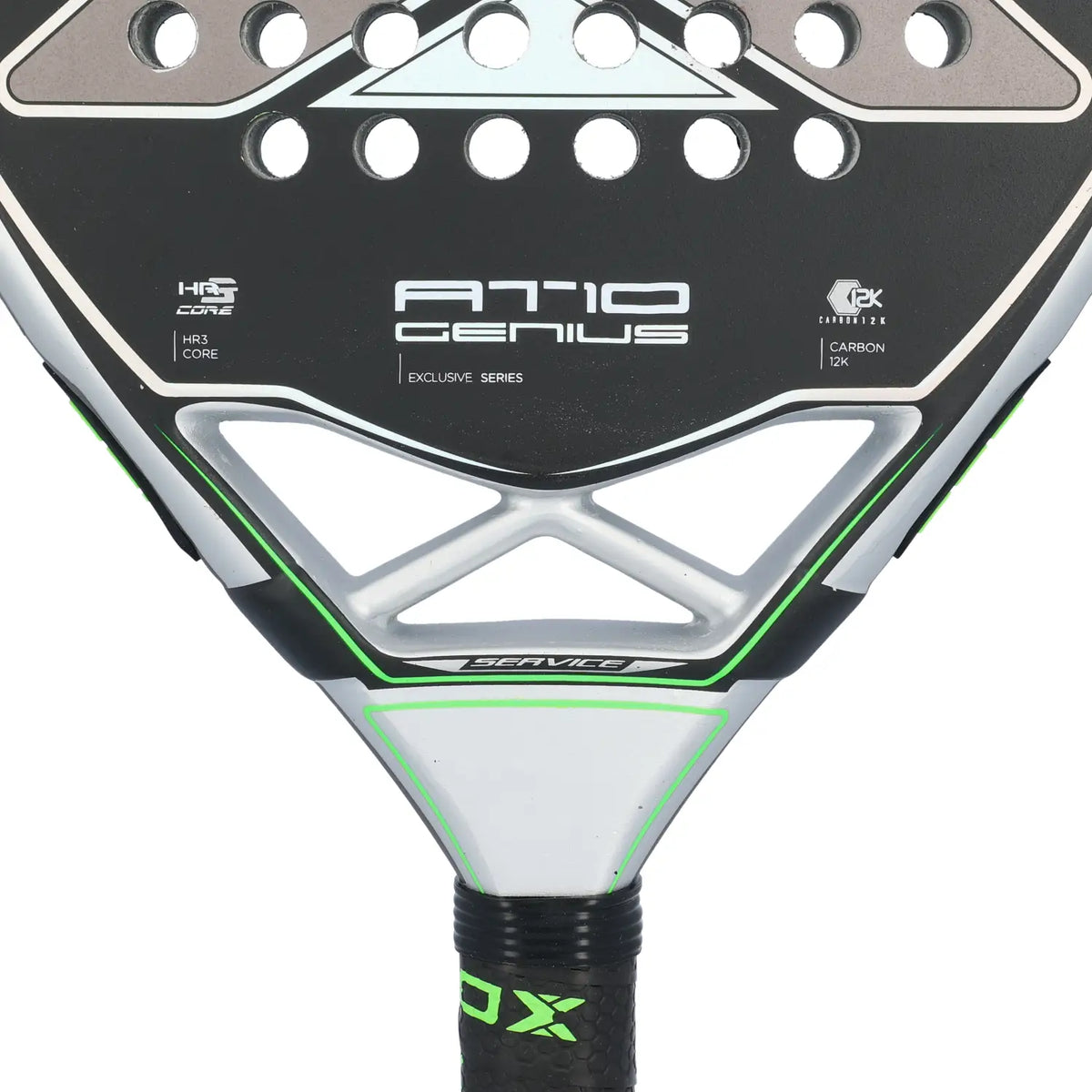 Close-up of a Nox AT10 padel racket with a silver and lime green design on a white background.