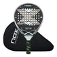A Nox AT10 padel racket with a silver and lime green design on a white background, with a black racket bag.