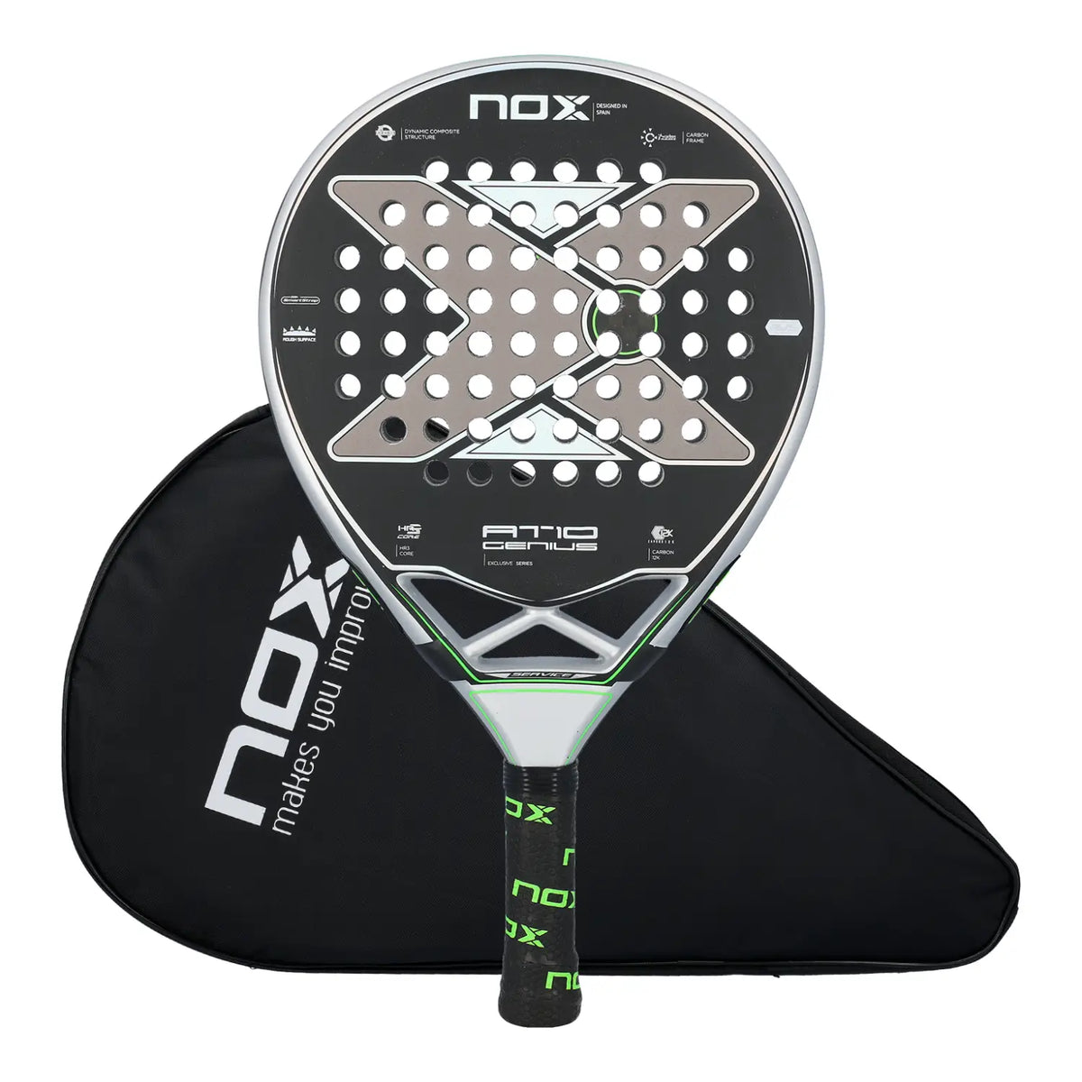 A Nox AT10 padel racket with a silver and lime green design on a white background, with a black racket bag.