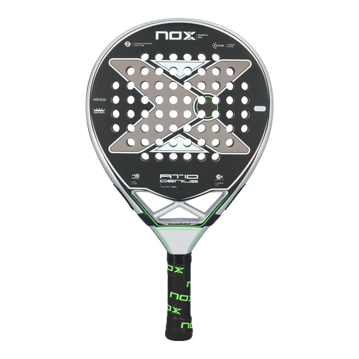 A Nox AT10 padel racket with a silver and lime green design on a white background.