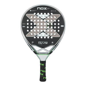 A Nox AT10 padel racket with a silver and lime green design on a white background.