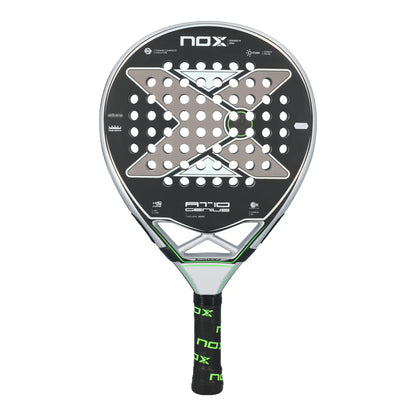 A Nox AT10 padel racket with a silver and lime green design on a white background.