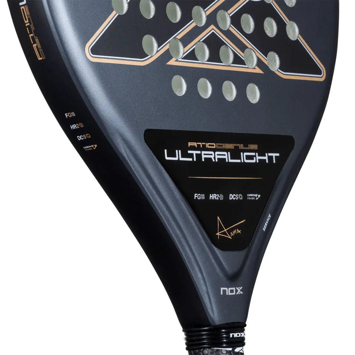 A grey Nox 2026 padel racket with bronze detailing on a white background.