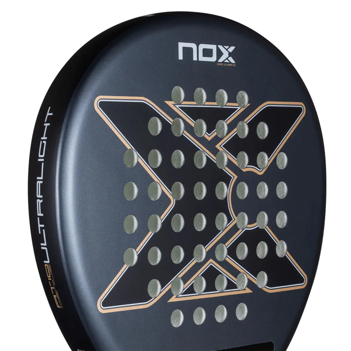 Close-up of a grey Nox 2026 padel racket with bronze detailing on a white background.
