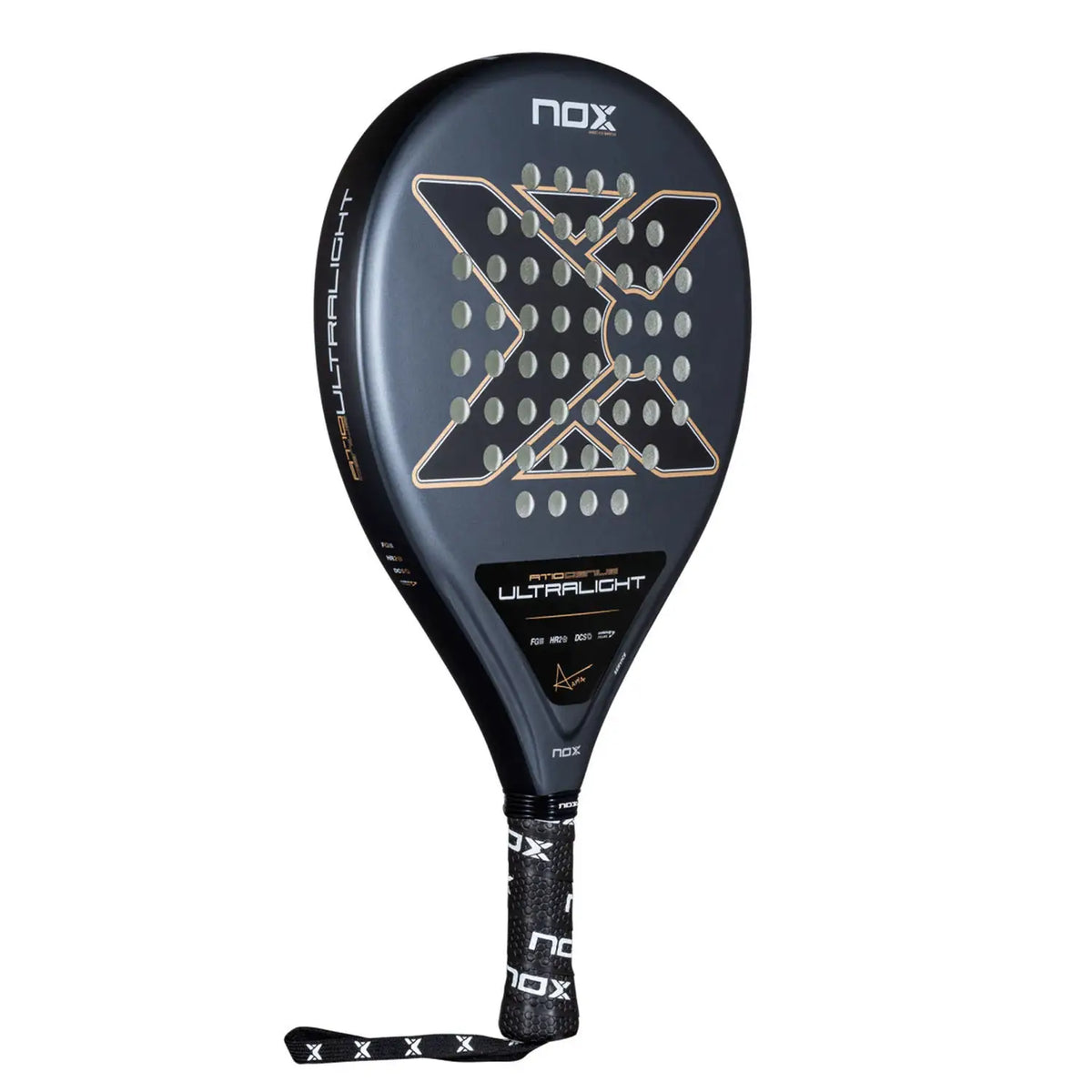 A grey Nox 2026 padel racket with bronze detailing on a white background.