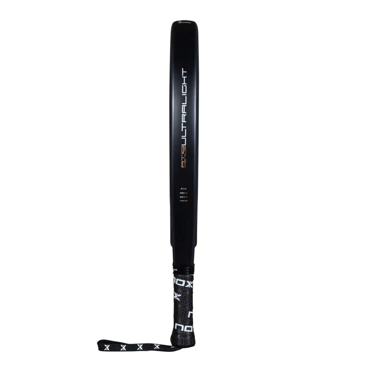 The side of a grey Nox 2026 padel racket with bronze detailing on a white background.