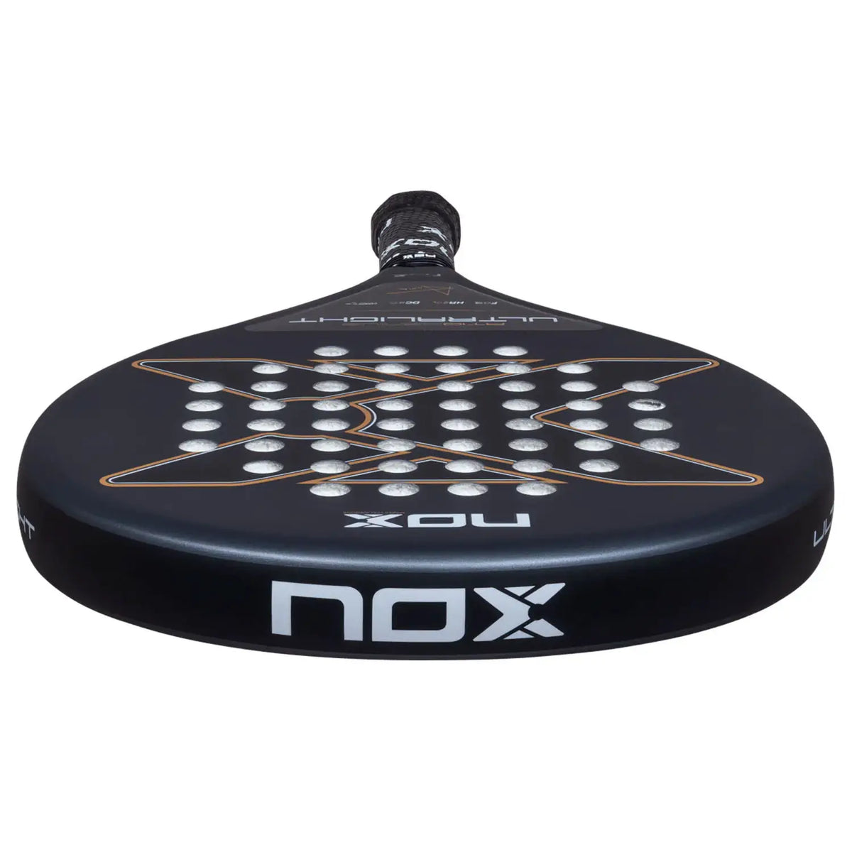 The top of a grey Nox 2026 padel racket with bronze detailing on a white background.