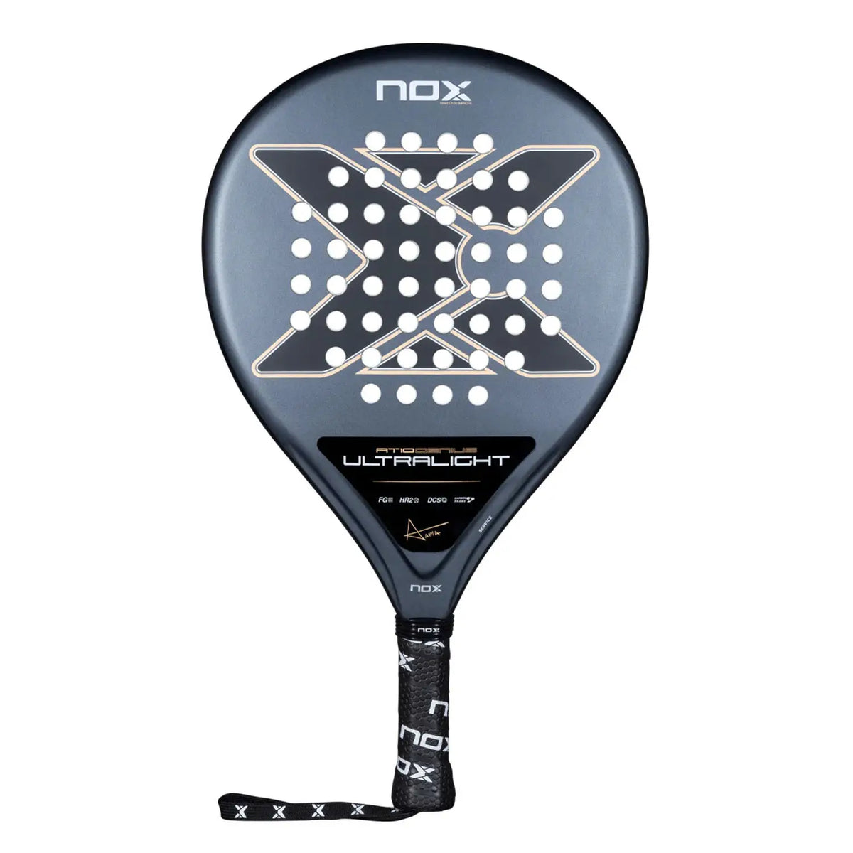 A grey Nox 2026 padel racket with bronze detailing on a white background.