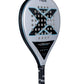 Grey Nox padel racket with black and blue branding on a white background.