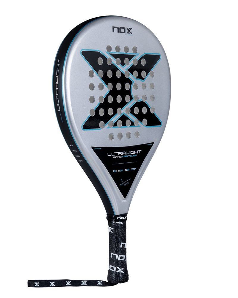 Grey Nox padel racket with black and blue branding on a white background.