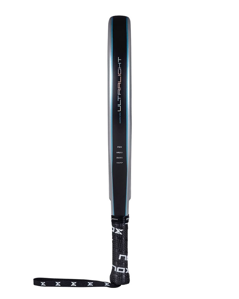 Side of a grey Nox padel racket with black and blue branding on a white background.