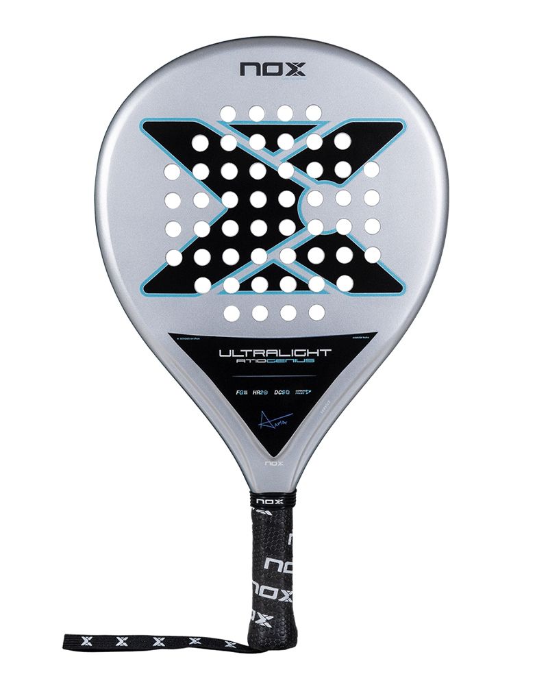Grey Nox padel racket with black and blue branding on a white background.