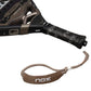 A black and copper Nox padel tennis racket with a detachable wrist strap.