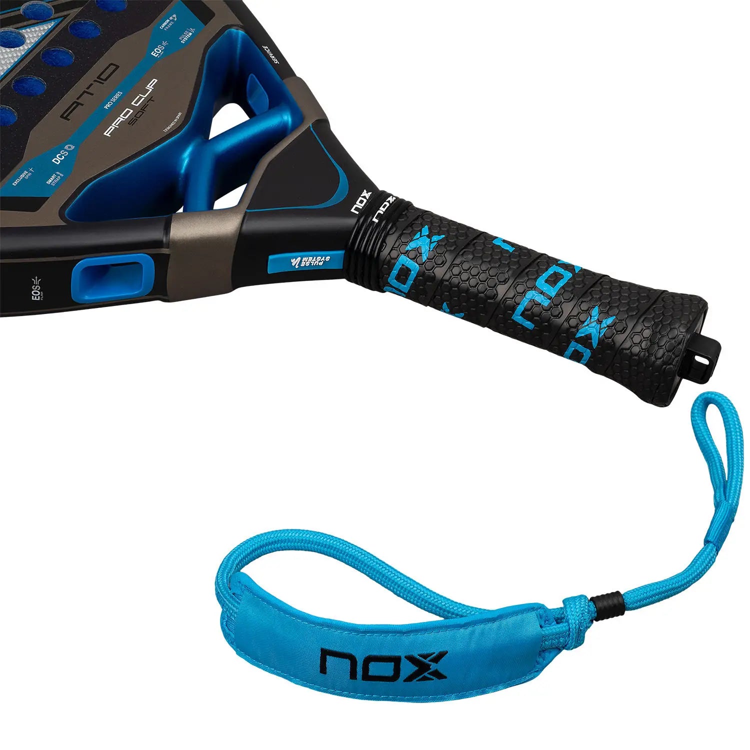 The detachable strap of a black and blue Nox padel tennis racket on a white background.