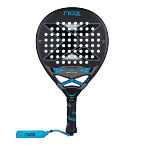 A black and blue Nox padel tennis racket on a white background.