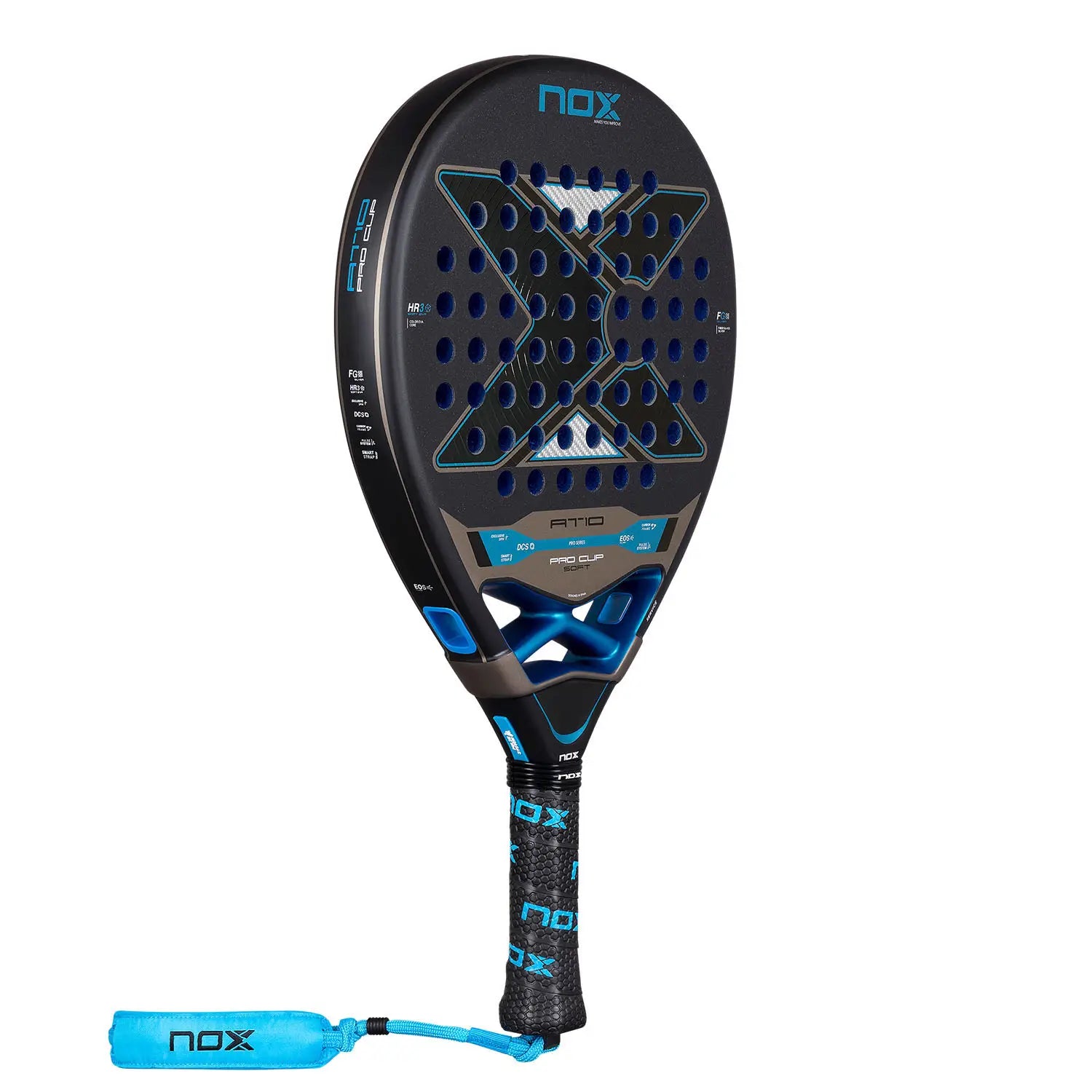 A black and blue Nox padel tennis racket on a white background.