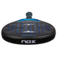A black and blue Nox padel tennis racket, upside down on a white background.