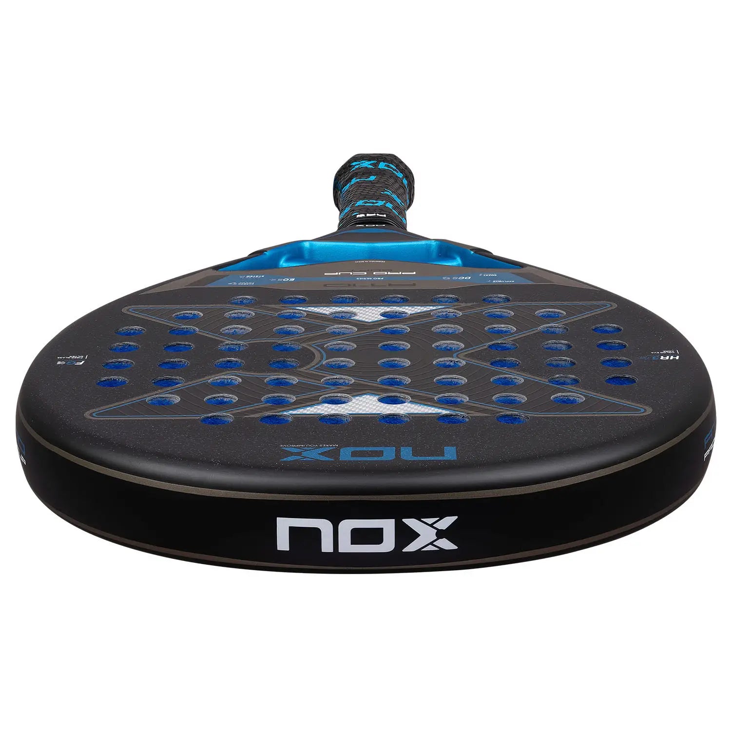 A black and blue Nox padel tennis racket, upside down on a white background.