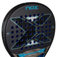 A close-up of a black and blue Nox padel tennis racket on a white background.