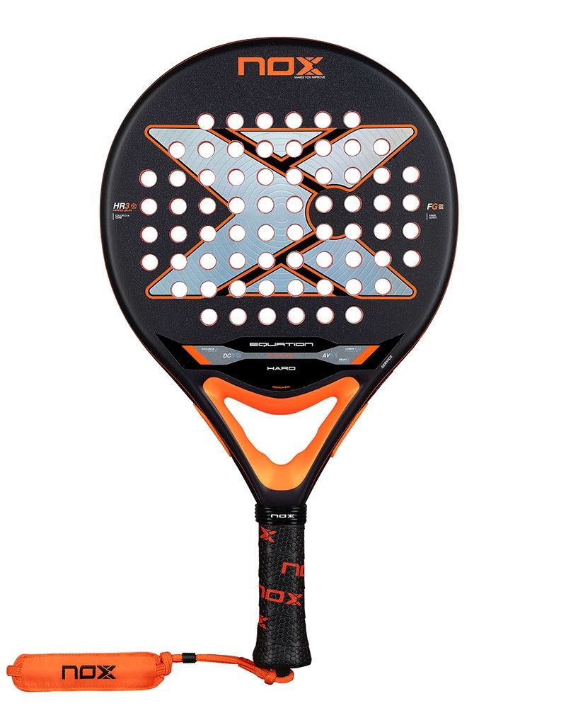 Black and orange Nox padel racket on a white background.
