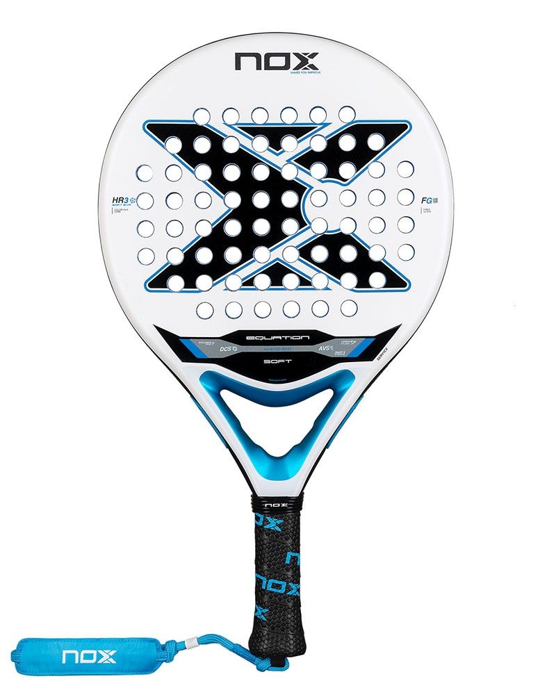 White Nox padel racket with blue and black branding on a white background.