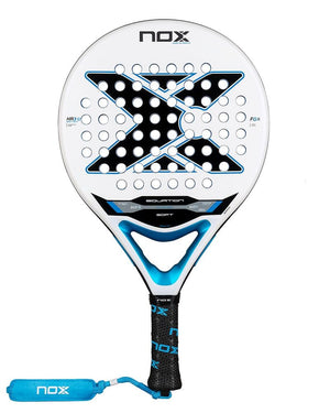 White Nox padel racket with blue and black branding on a white background.