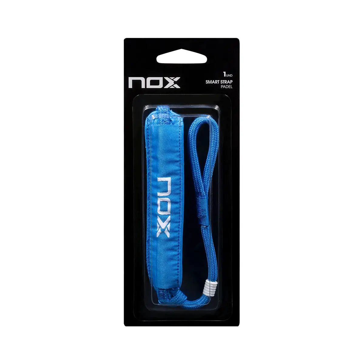 A blue Nox luxury padel tennis smartstrap in black packaging.