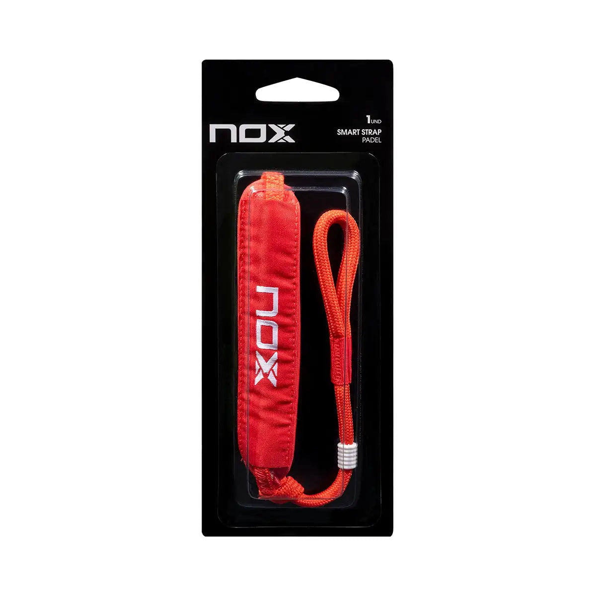 A red Nox luxury padel tennis smartstrap in black packaging.