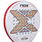 The face of a white 2027 Nox padel racket with red detailing on a white background.
