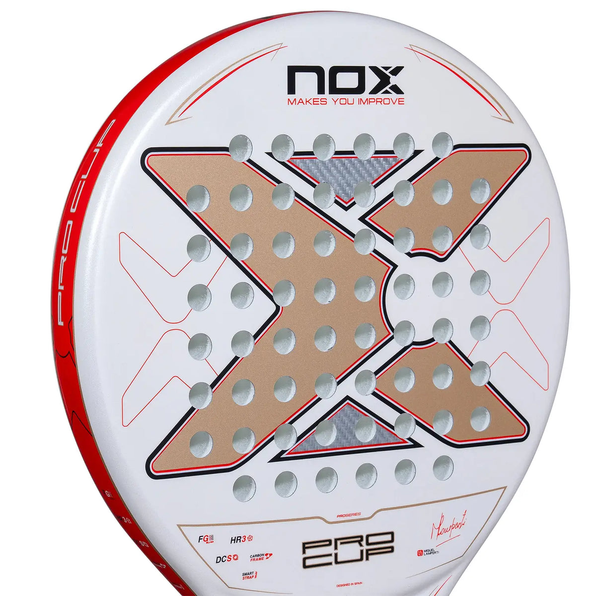 The face of a white 2027 Nox padel racket with red detailing on a white background.