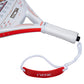 The handle of a white 2027 Nox padel racket with red detailing on a white background.