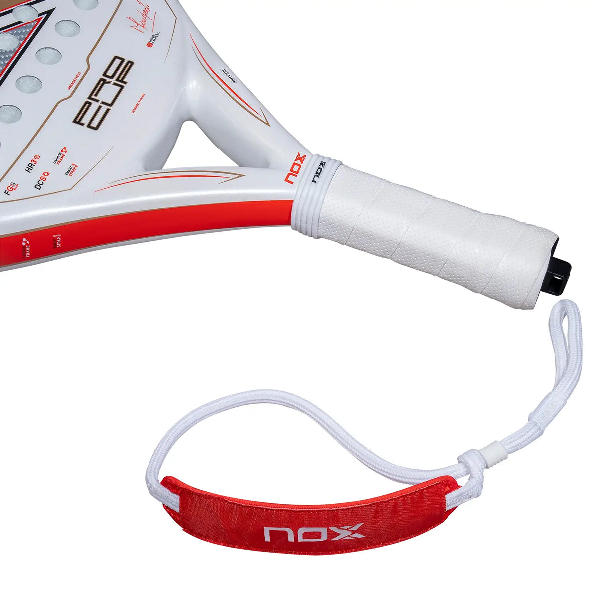 The handle of a white 2027 Nox padel racket with red detailing on a white background.