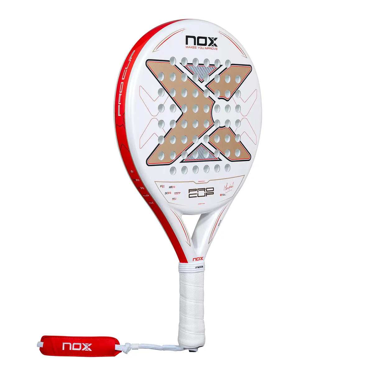 A white 2027 Nox padel racket with red detailing on a white background.