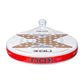 The top of a white 2027 Nox padel racket with red detailing on a white background.