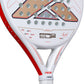 Close-up of a white 2027 Nox padel racket with red detailing on a white background.