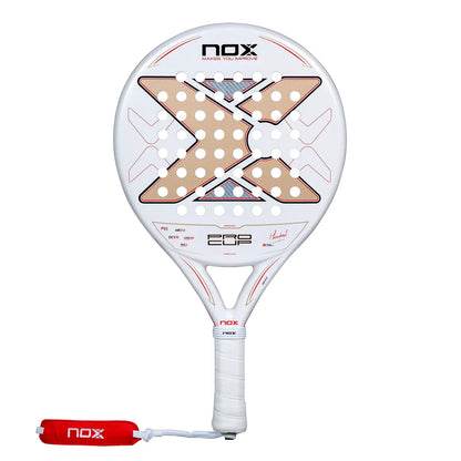 A white 2027 Nox padel racket with red detailing on a white background.