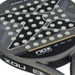 The face of a grey and black Nox padel racket on a white background.