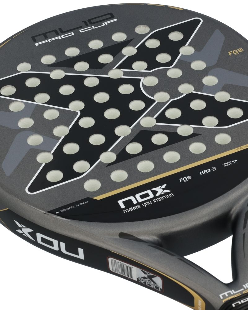 The face of a grey and black Nox padel racket on a white background.