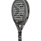 A grey and black Nox padel racket on a white background.
