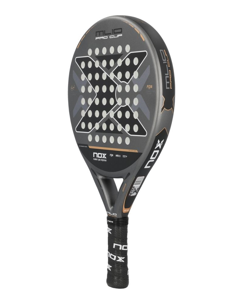 A grey and black Nox padel racket on a white background.