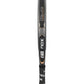 The side of a grey and black Nox padel racket on a white background.