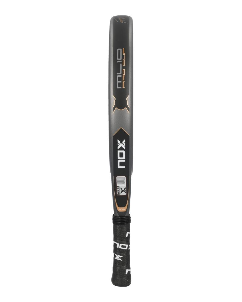The side of a grey and black Nox padel racket on a white background.