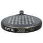 The top of a grey and black Nox padel racket on a white background.