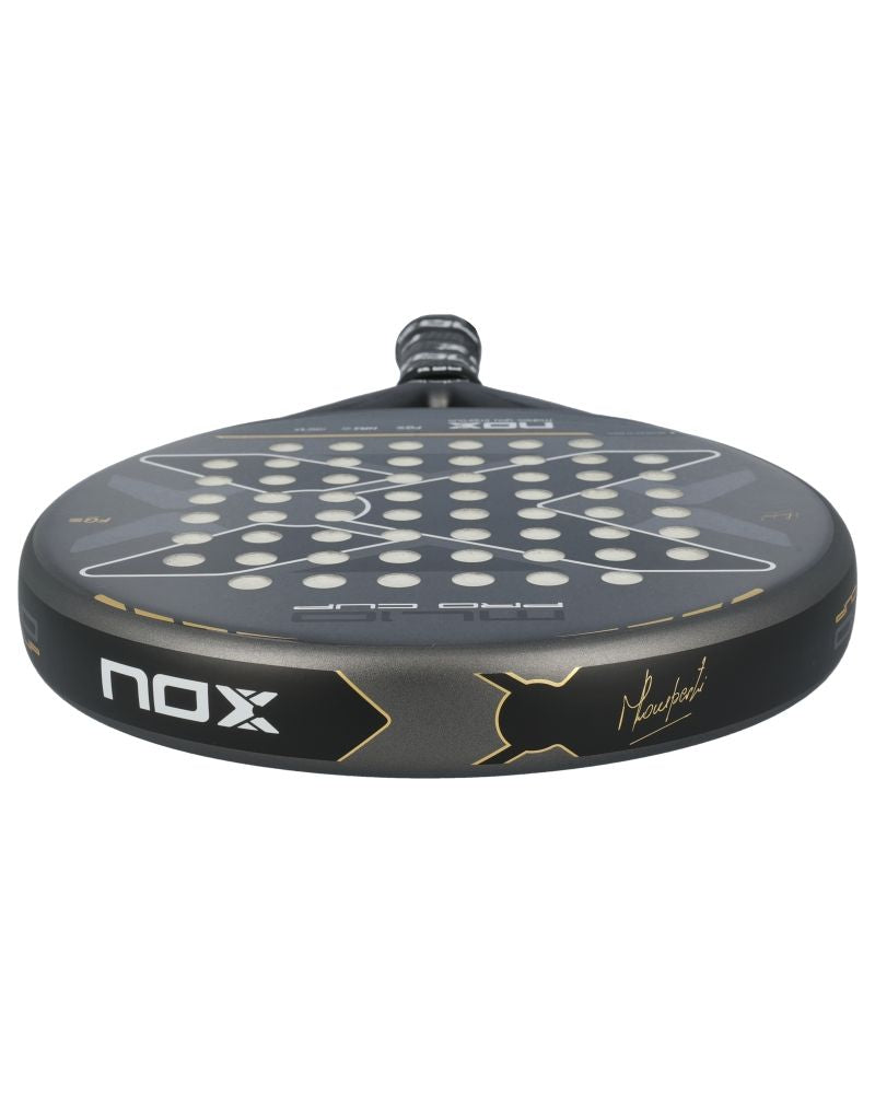 The top of a grey and black Nox padel racket on a white background.