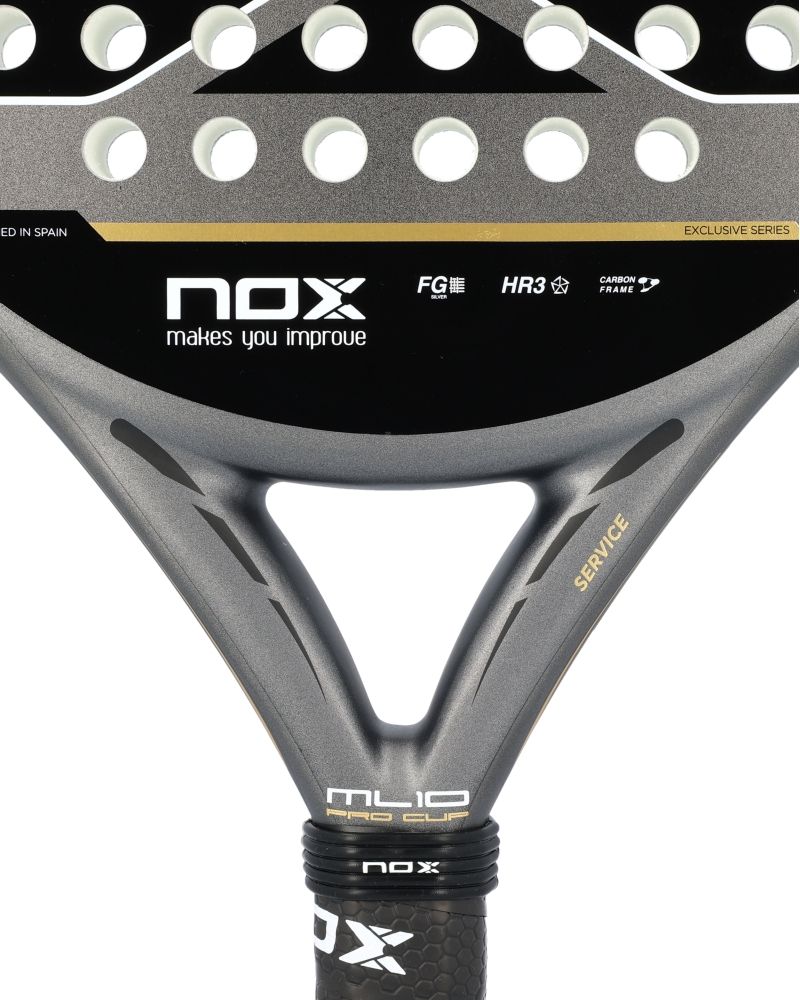 Close-up of a grey and black Nox padel racket on a white background.