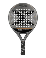 A grey and black Nox padel racket on a white background.