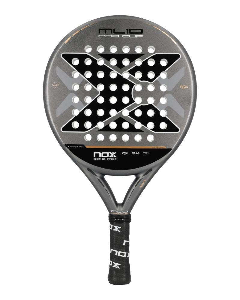 A grey and black Nox padel racket on a white background.