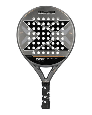 A grey and black Nox padel racket on a white background.