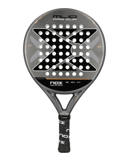 A grey and black Nox padel racket on a white background.
