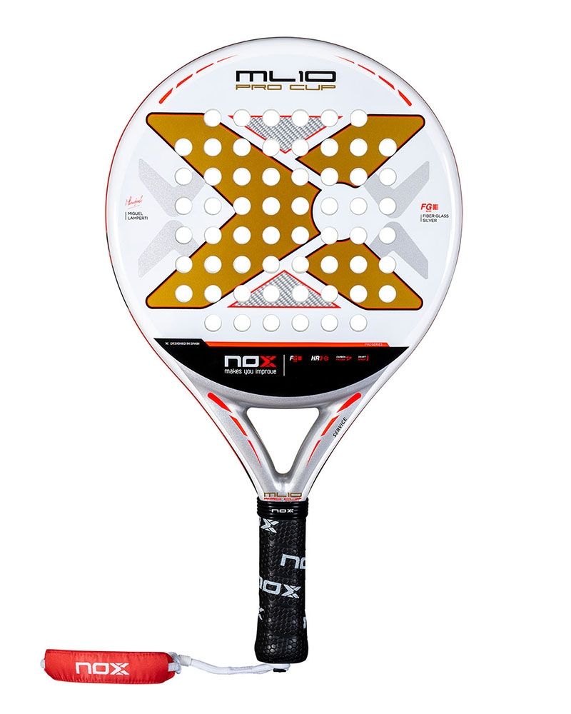 White and gold Nox padel racket with orange branding, on a white background.